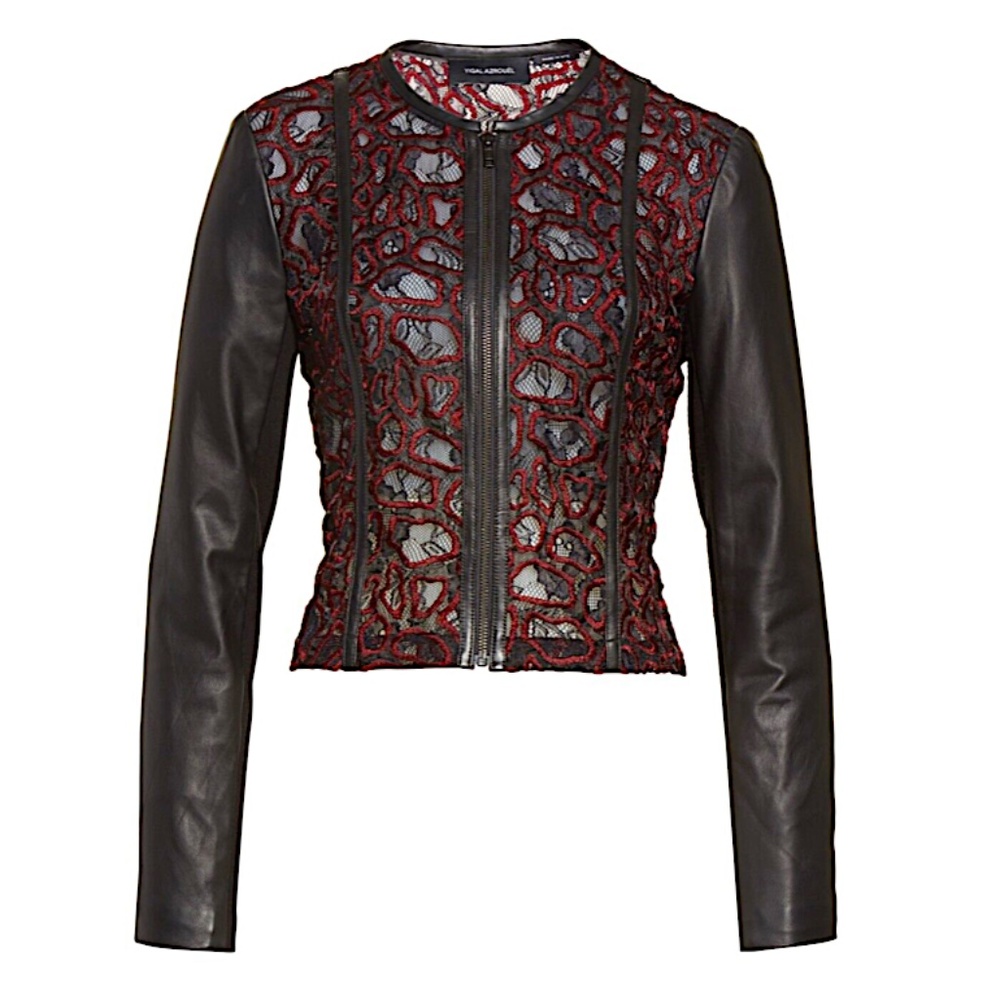 YIGAL AZROUEL Black Red Lace & Lambskin Leather Exotic Moto Zip Jacket